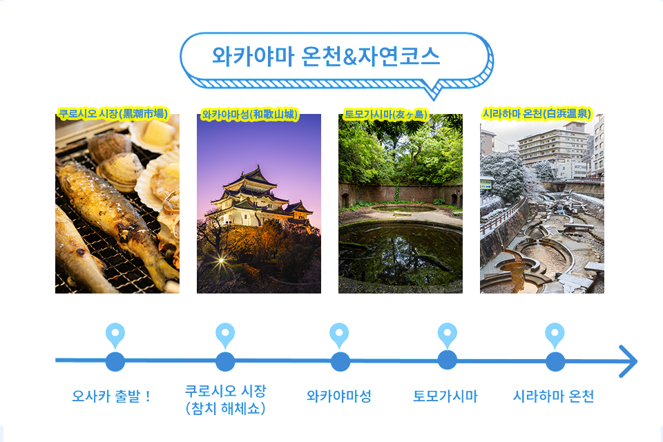 와카야마 온천&자연코스 쿠로시오 시장(黒潮市場) 와카야마성 (和歌山城) 토모가시마(友ヶ島) 시라하마 온천(白浜温泉)
