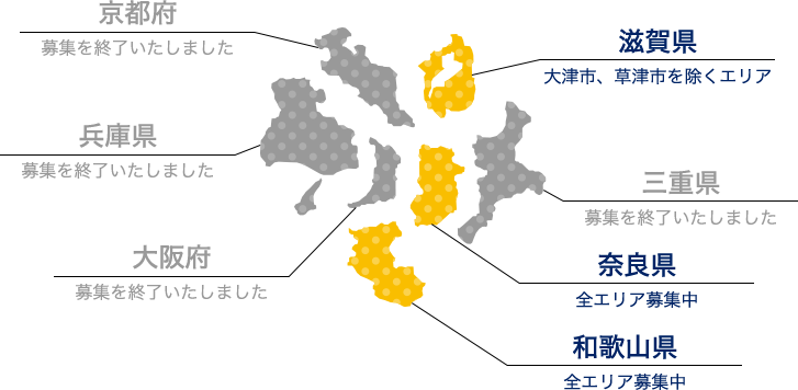 京都府（募集を終了いたしました） 滋賀県（大津市、草津市を除くエリア） 兵庫県（募集を終了いたしました） 三重県（募集を終了いたしました） 大阪府（募集を終了いたしました） 奈良県（全エリア募集中） 和歌山県（全エリア募集中）