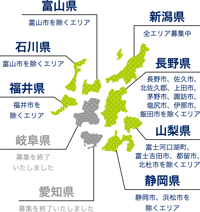 新潟県（全エリア募集中） 富山県（富山市を除くエリア） 石川県（金沢市を除くエリア） 長野県（全エリア募集中） 福井県（福井市を除くエリア） 山梨県（全エリア募集中） 岐阜県（募集を終了いたしました） 静岡県（静岡市、浜松市を除くエリア） 愛知県（募集を終了いたしました）