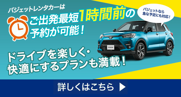 バジェット・レンタカーはご出発最短1時間前の予約が可能！ドライブを楽しく・快適にするプランも満載！ 詳しくはこちら