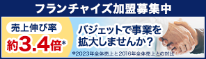 フランチャイズ加盟募集中 売上伸び率約3.4倍（2023年全体売上と2016年全体売上との対比） バジェットで事業を拡大しませんか？